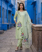 Granite Green Printed Roman Silk Suit Set with Dupatta