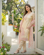 Almond Embroidered Roman Silk Suit Set with Dupatta