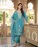 Eastern Blue Embroidered Roman Silk Suit Set with Dupatta