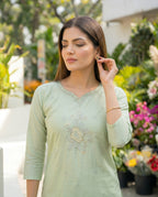 Pale Leaf Embroidered Roman Silk Suit Set with Dupatta