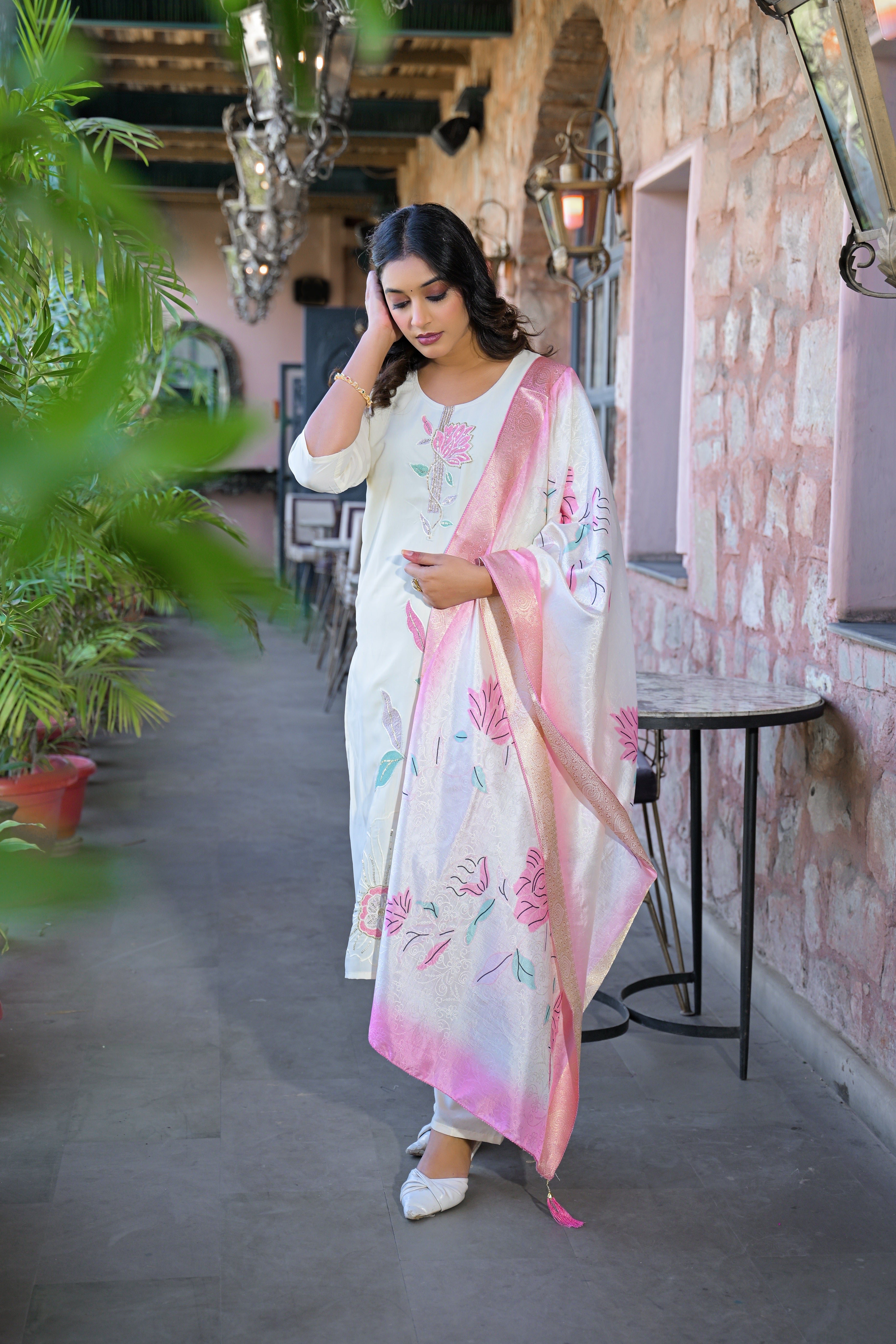 Off White Embroidered Rangila Silk Suit Set