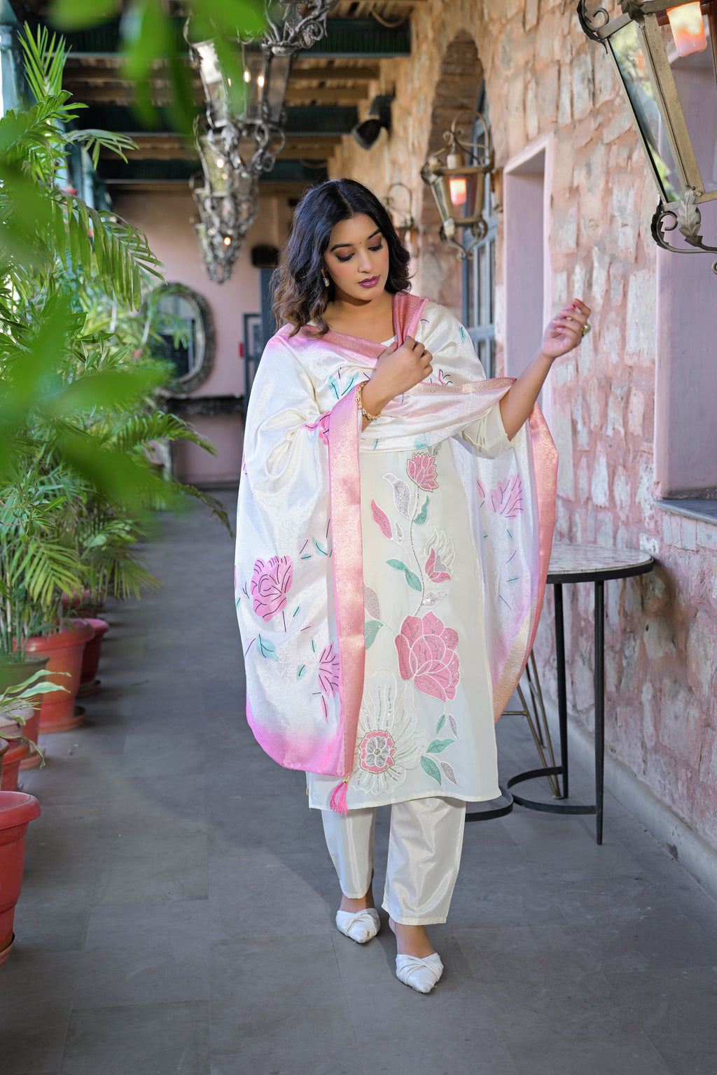 Off White Embroidered Rangila Silk Suit Set