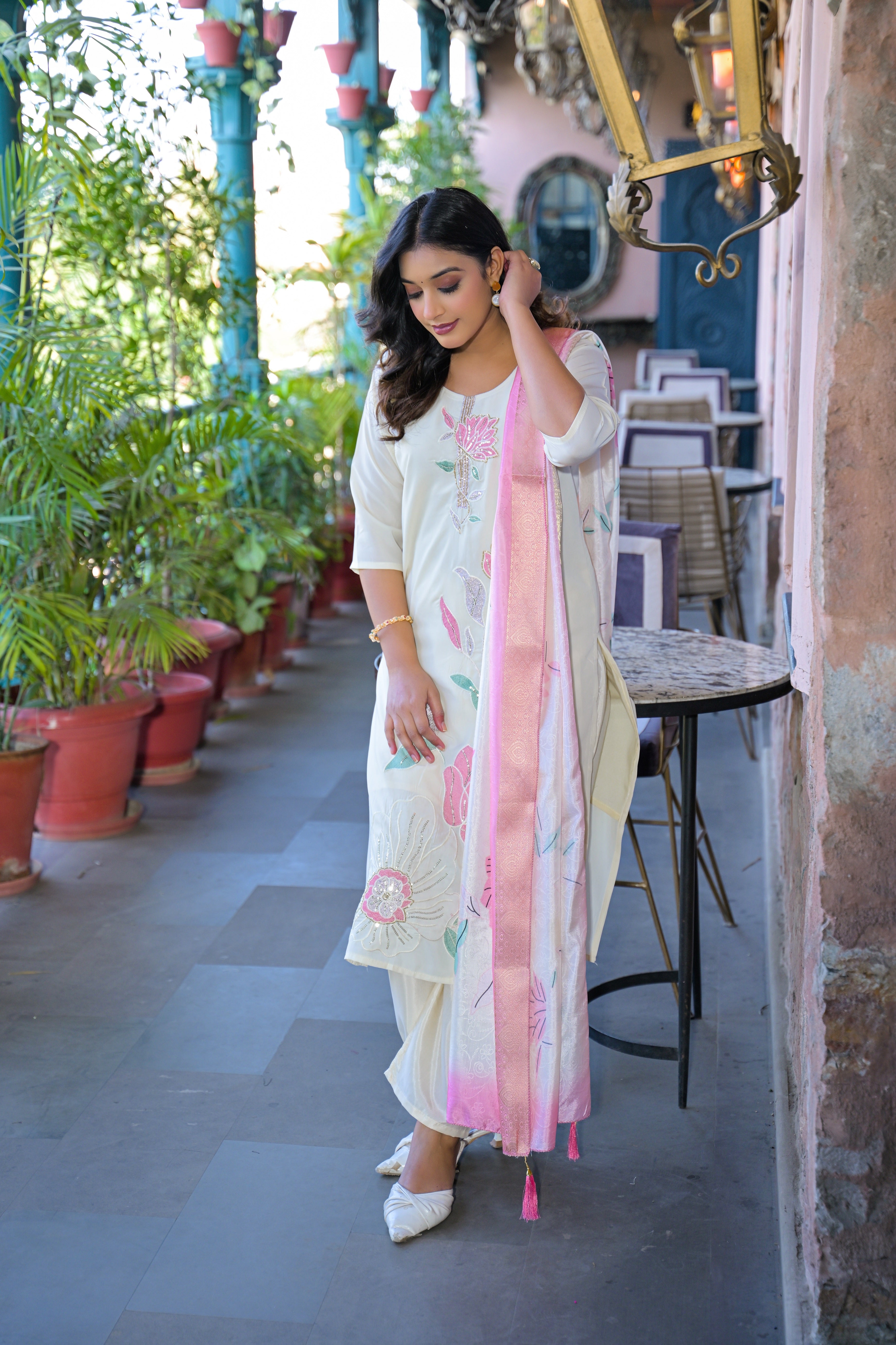 Off White Embroidered Rangila Silk Suit Set