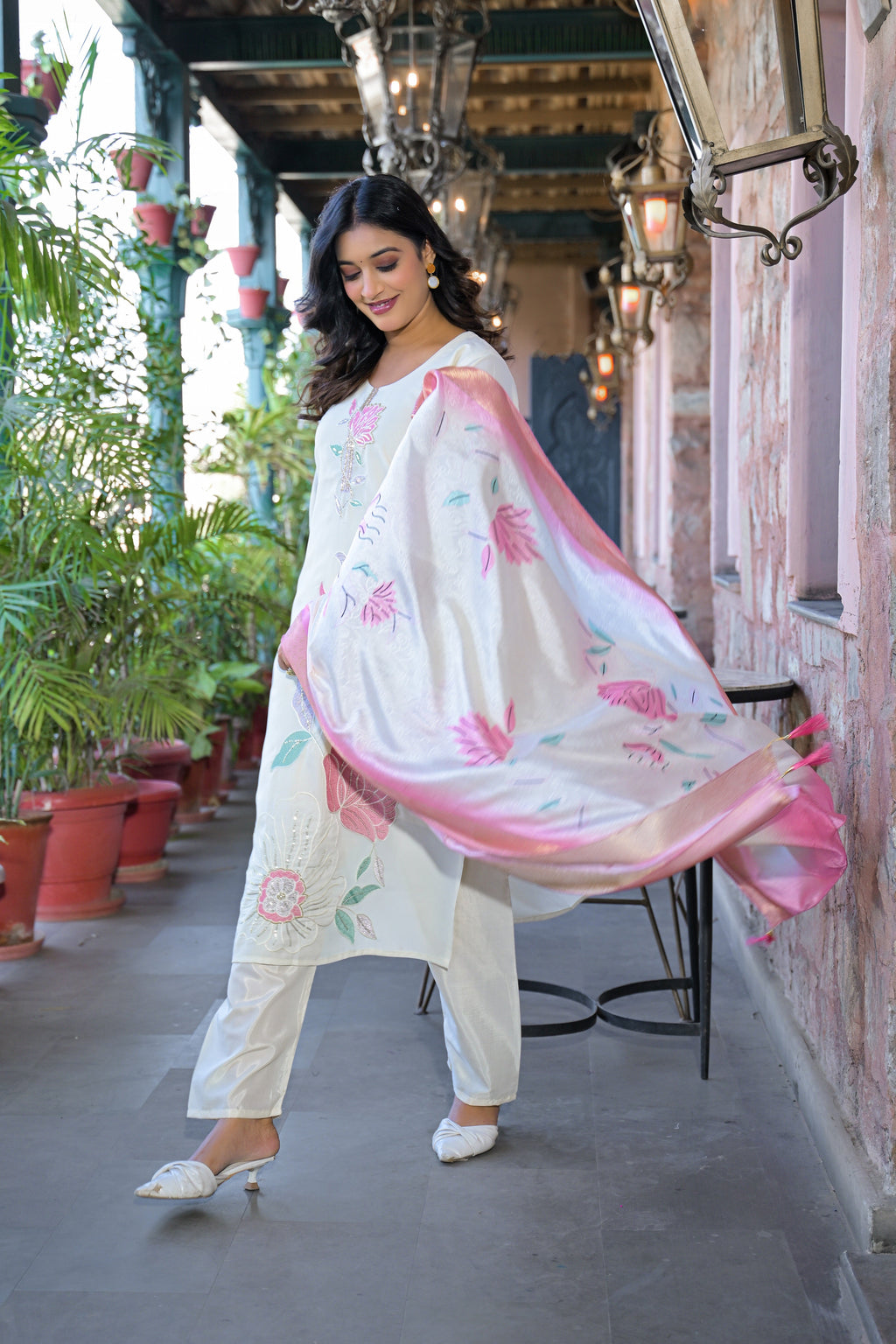 Off White Embroidered Rangila Silk Suit Set