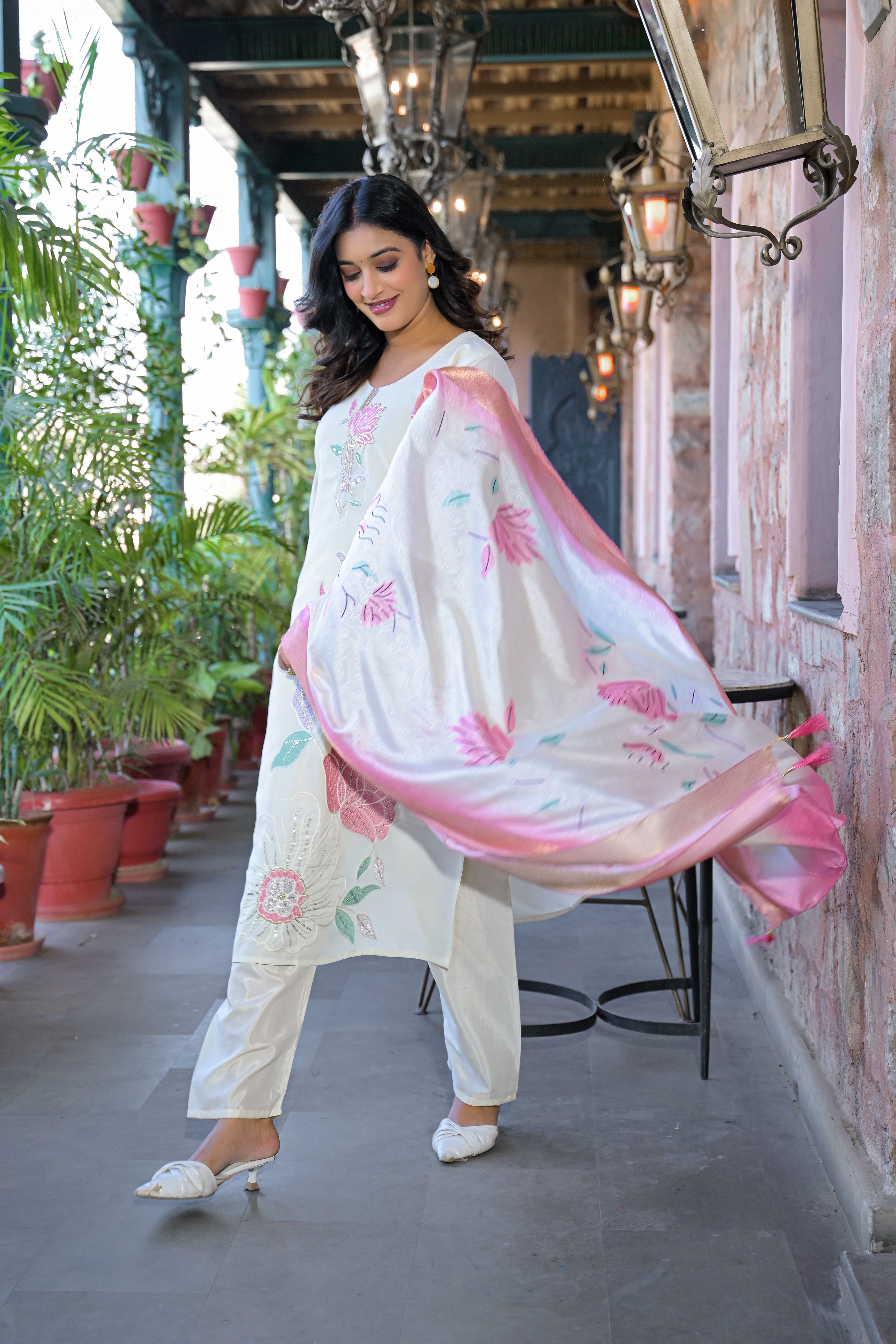 Off White Embroidered Rangila Silk Suit Set