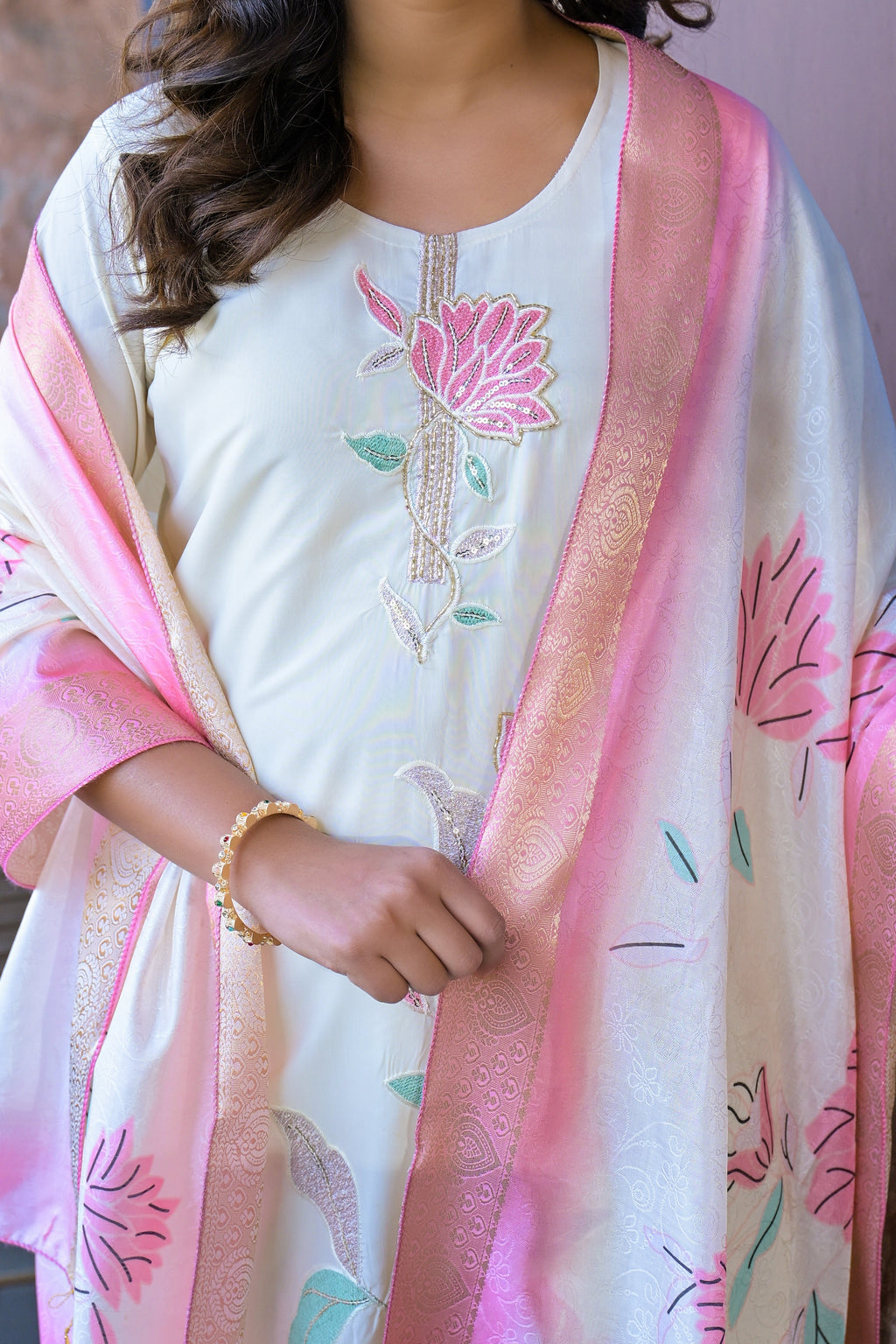 Off White Embroidered Rangila Silk Suit Set