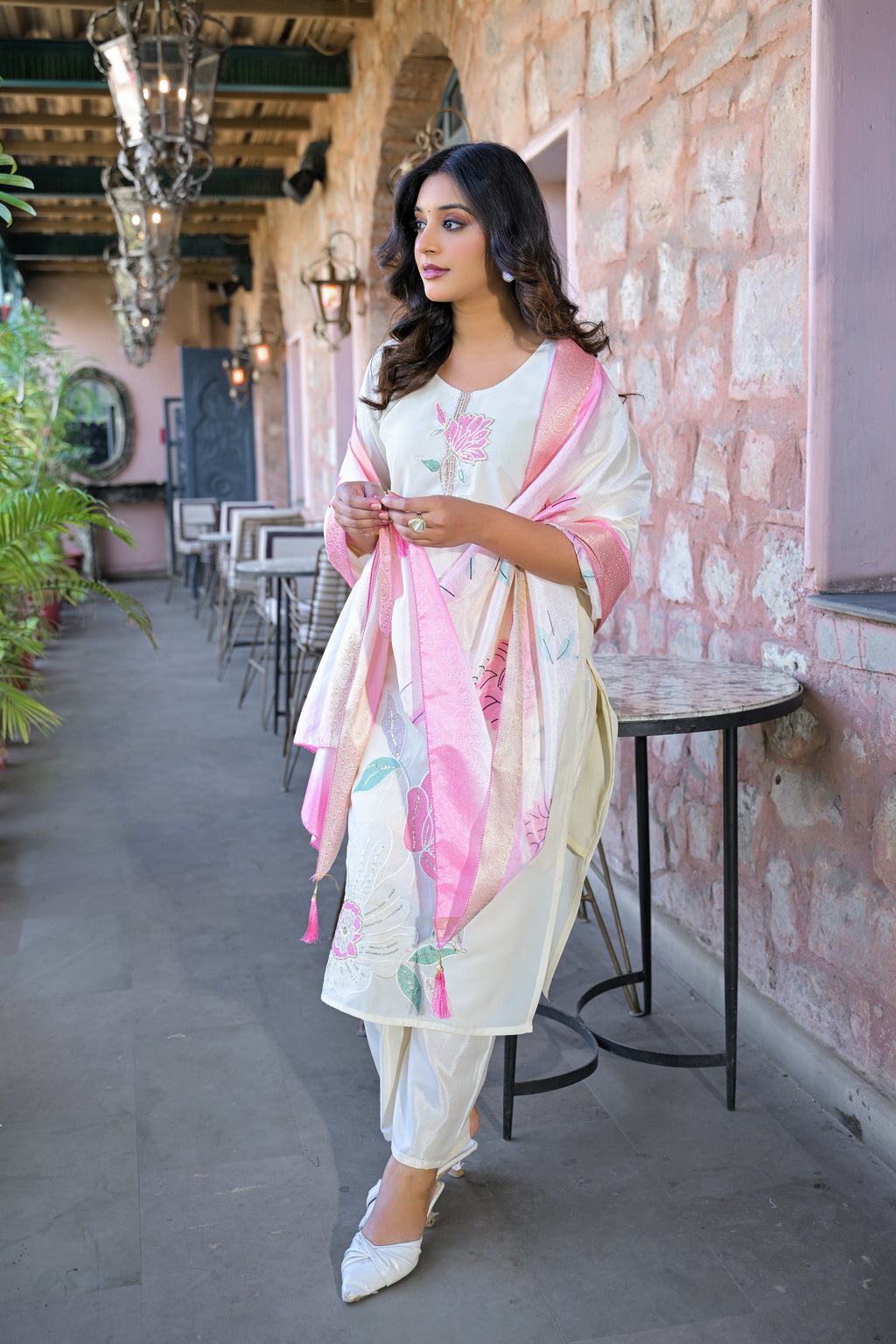 Off White Embroidered Rangila Silk Suit Set