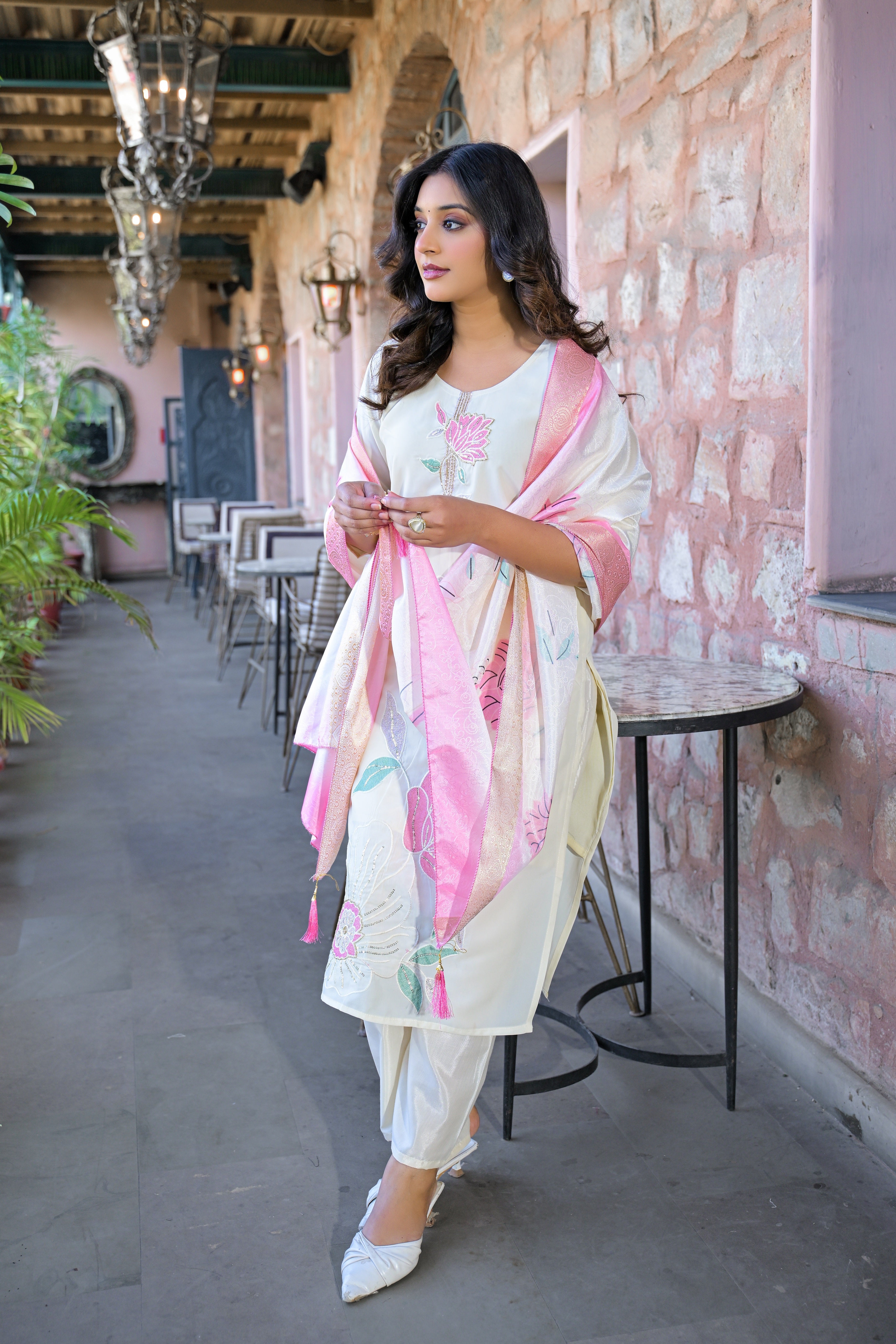 Off White Embroidered Rangila Silk Suit Set