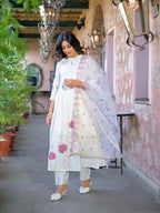 Cream Embroidered Roman Silk Suit Set with Dupatta