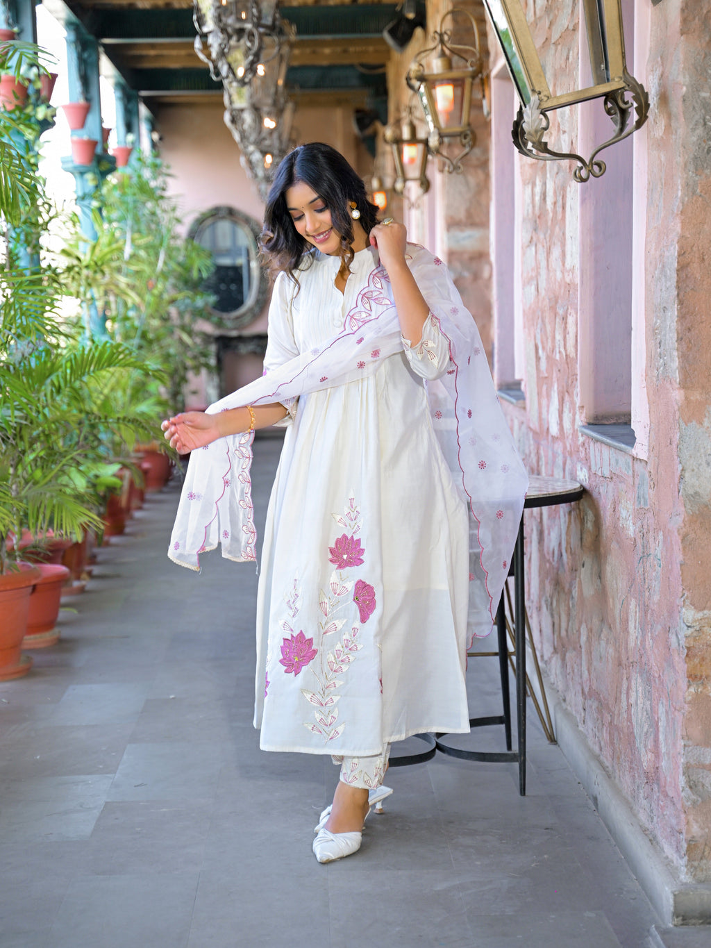Cream Embroidered Roman Silk Suit Set