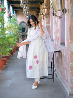 Cream Embroidered Roman Silk Suit Set with Dupatta