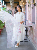 Cream Embroidered Roman Silk Suit Set with Dupatta