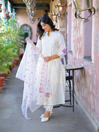 Cream Embroidered Roman Silk Suit Set with Dupatta