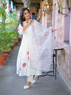 Cream Embroidered Roman Silk Suit Set with Dupatta