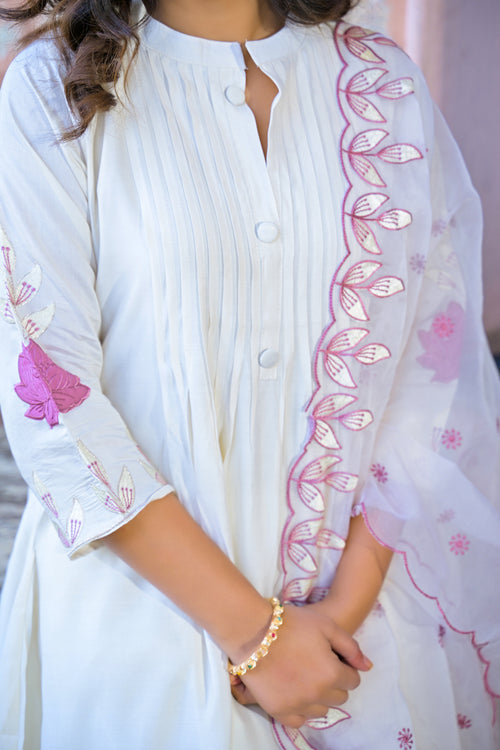 Cream Embroidered Roman Silk Suit Set with Dupatta