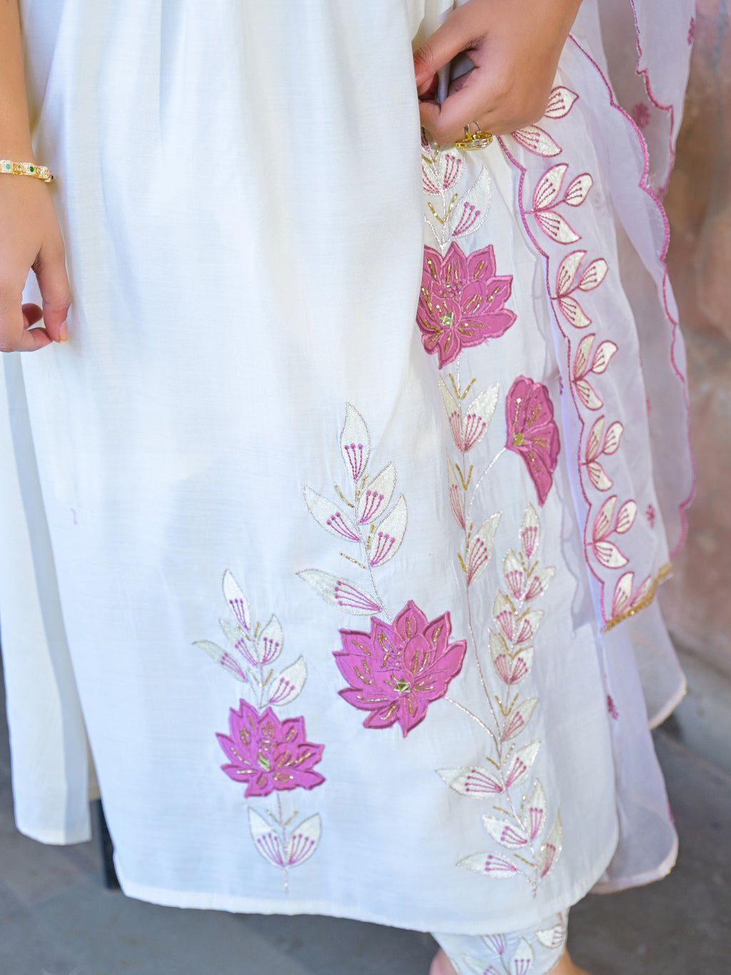 Cream Embroidered Roman Silk Suit Set