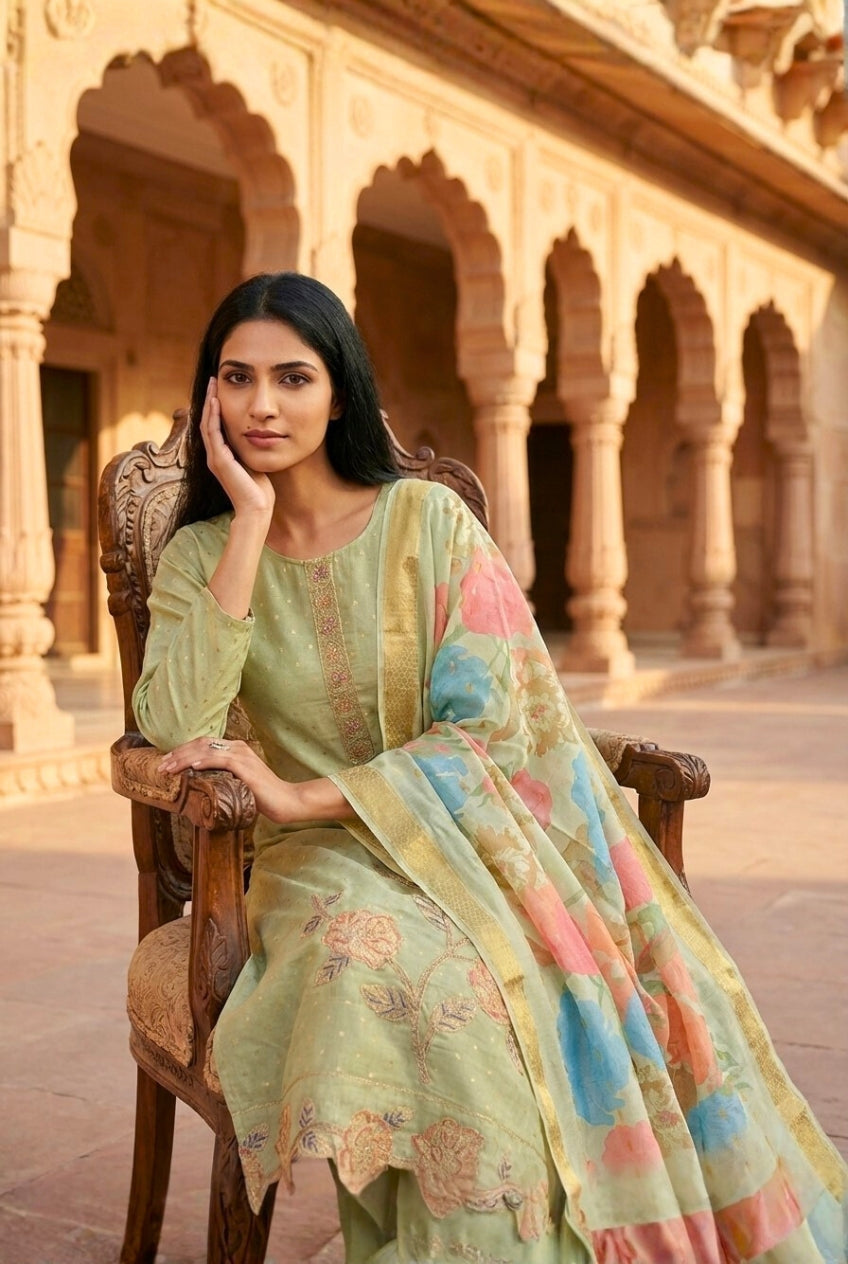 Green Smoke Embroidered Poly Jaquard Suit Set