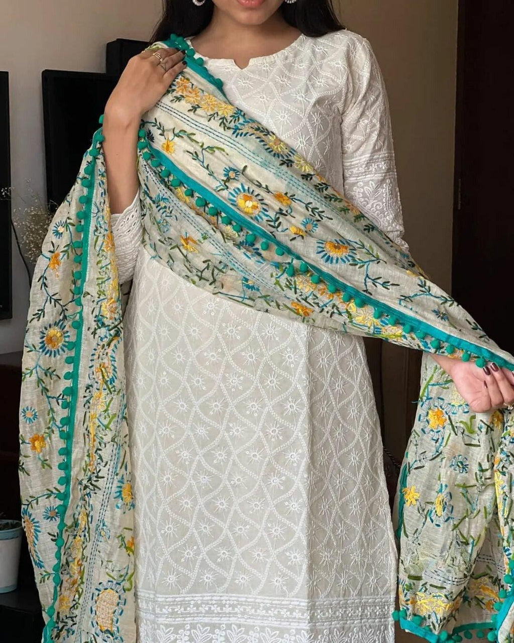 Chikankari Off White Kurta and Pant Set with Printed Chanderi Dupatta