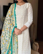 Chikankari Off White Kurta and Pant Set with Printed Chanderi Dupatta