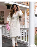 Off White Chikankari Kurta and Pant Set