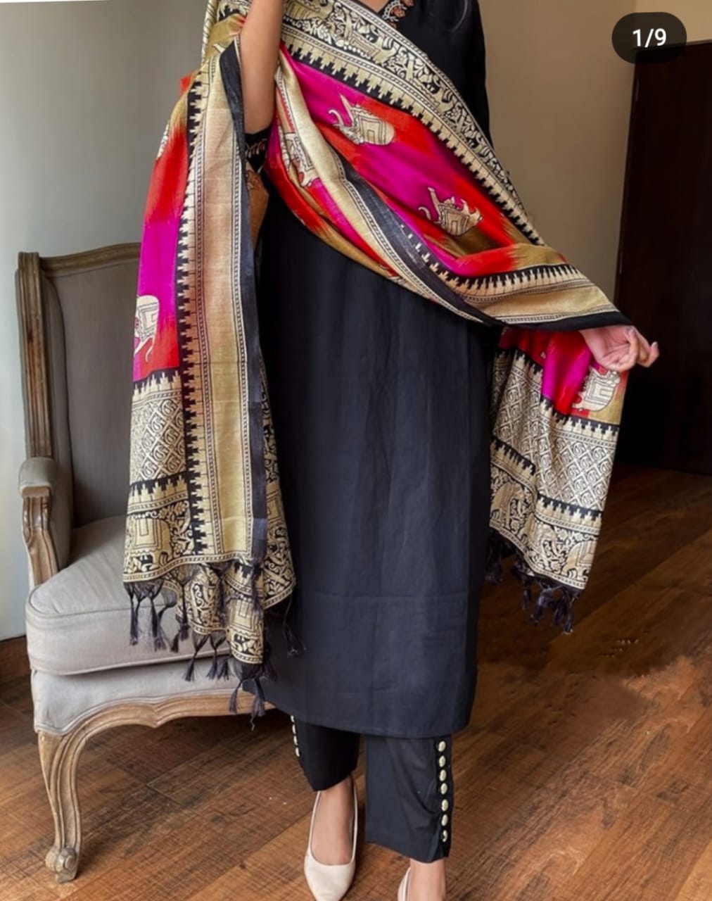 Black Embroidered Cotton Kurta and Pant Set with Khadi Dupatta