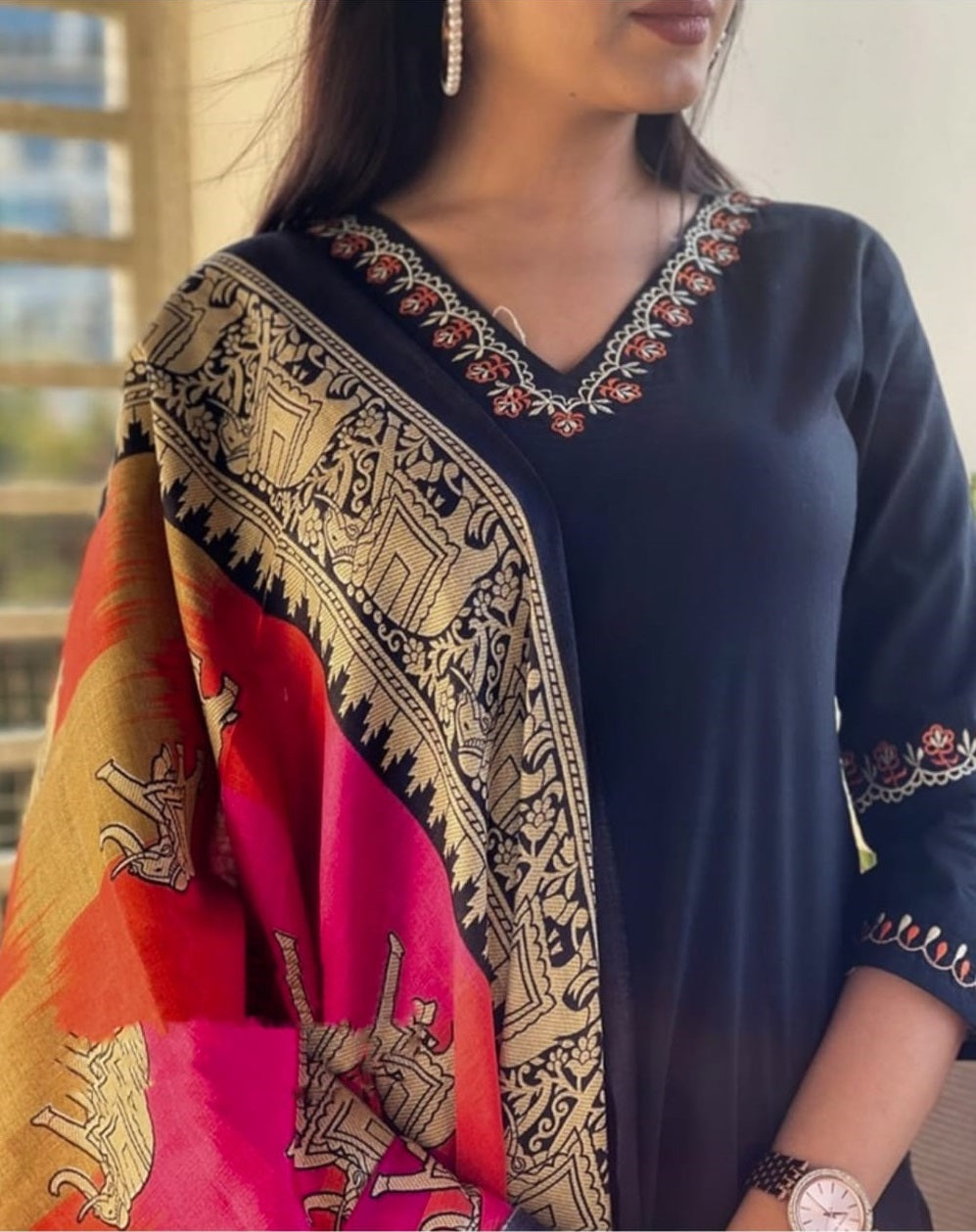 Black Embroidered Cotton Kurta and Pant Set with Khadi Dupatta