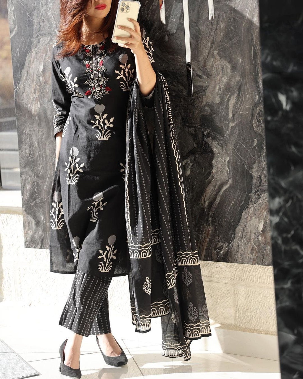 Black Embroidered Cotton Kurta and Pant Set with Dupatta