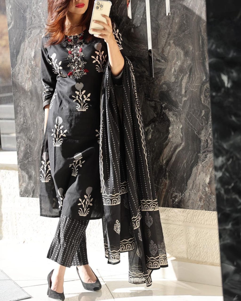 Black Embroidered Cotton Kurta and Pant Set with Dupatta