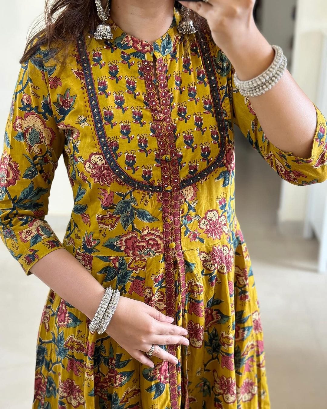 Mustard Floral Printed Cotton Anarkali Gown with Dupatta