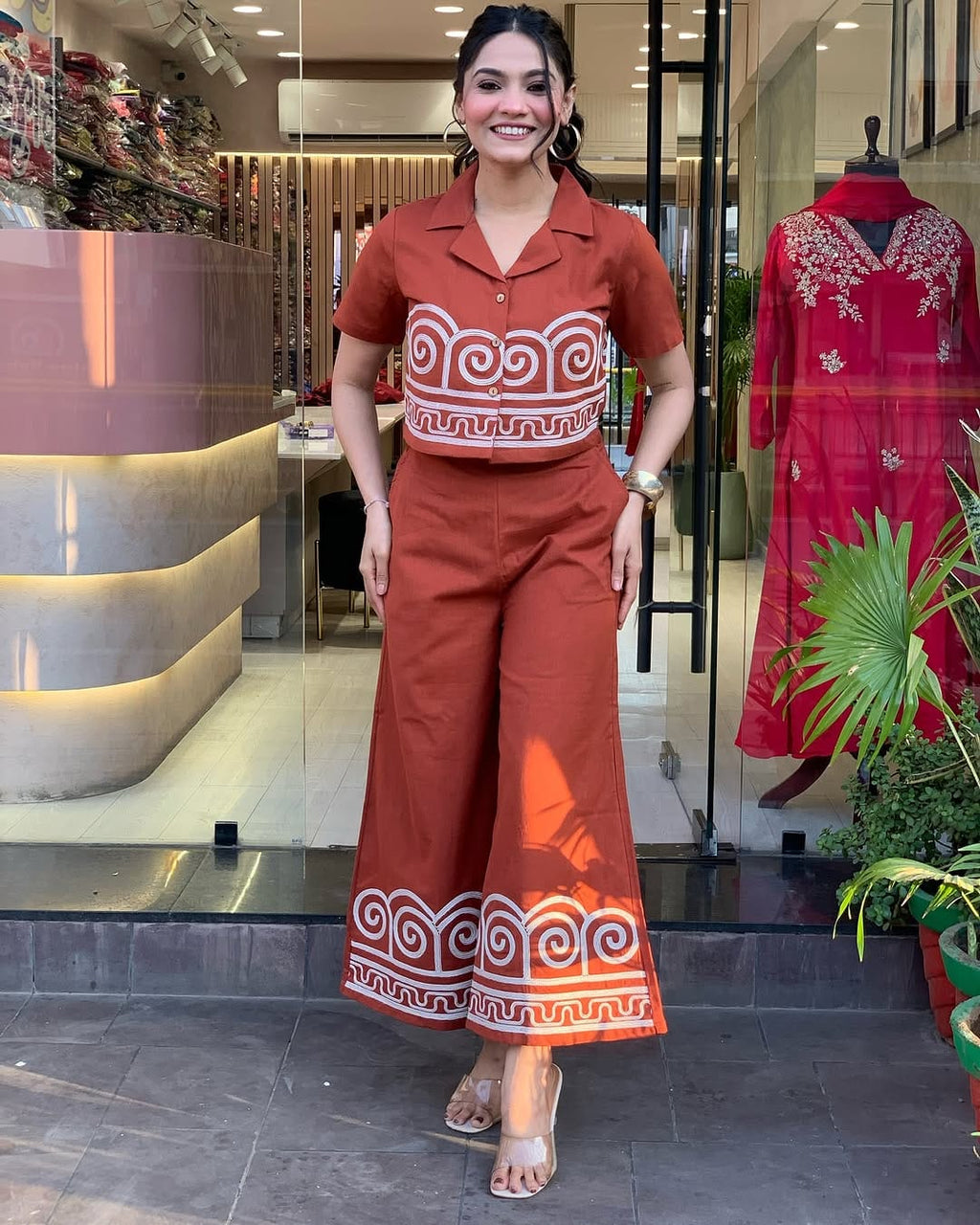 Pale Red Embroidered Cotton Co-Ord Set