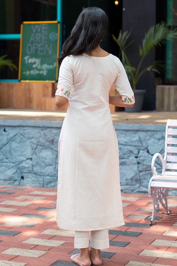 Off White Embroidered Cotton Kurta and Pant Set