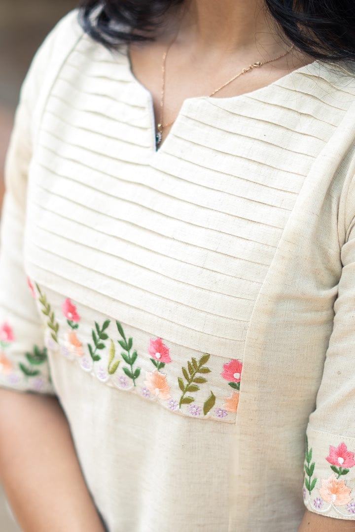 Off White Embroidered Cotton Kurta and Pant Set