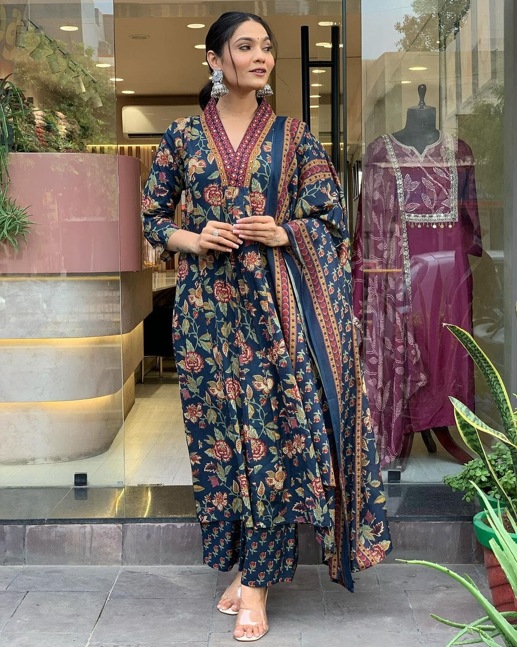 Navy Blue Floral Printed Cotton Kurta and Pant Set with Mulmul Dupatta