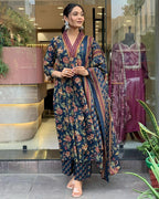 Navy Blue Floral Printed Cotton Kurta and Pant Set with Mulmul Dupatta