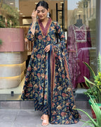 Navy Blue Floral Printed Cotton Kurta and Pant Set with Mulmul Dupatta