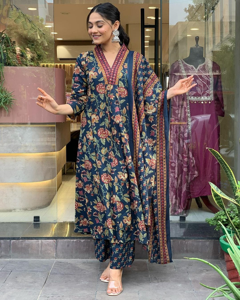 Navy Blue Floral Printed Cotton Kurta and Pant Set with Mulmul Dupatta