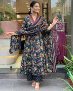 Navy Blue Floral Printed Cotton Kurta and Pant Set with Mulmul Dupatta