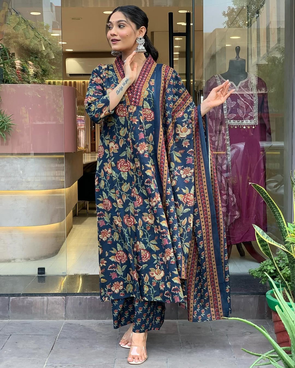 Navy Blue Floral Printed Cotton Kurta and Pant Set with Mulmul Dupatta