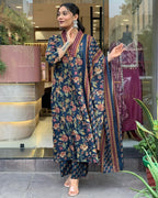 Navy Blue Floral Printed Cotton Kurta and Pant Set with Mulmul Dupatta
