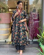 Navy Blue Floral Printed Cotton Kurta and Pant Set with Mulmul Dupatta