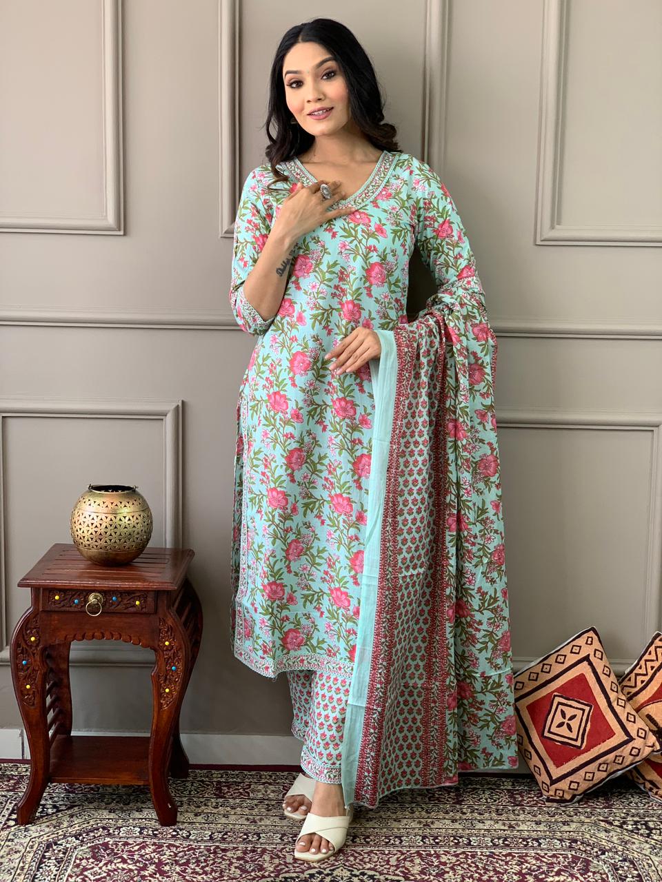 Coral Blue Printed Cotton Kurta and Pant Set with Dupatta
