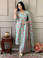 Coral Blue Printed Cotton Kurta and Pant Set with Dupatta