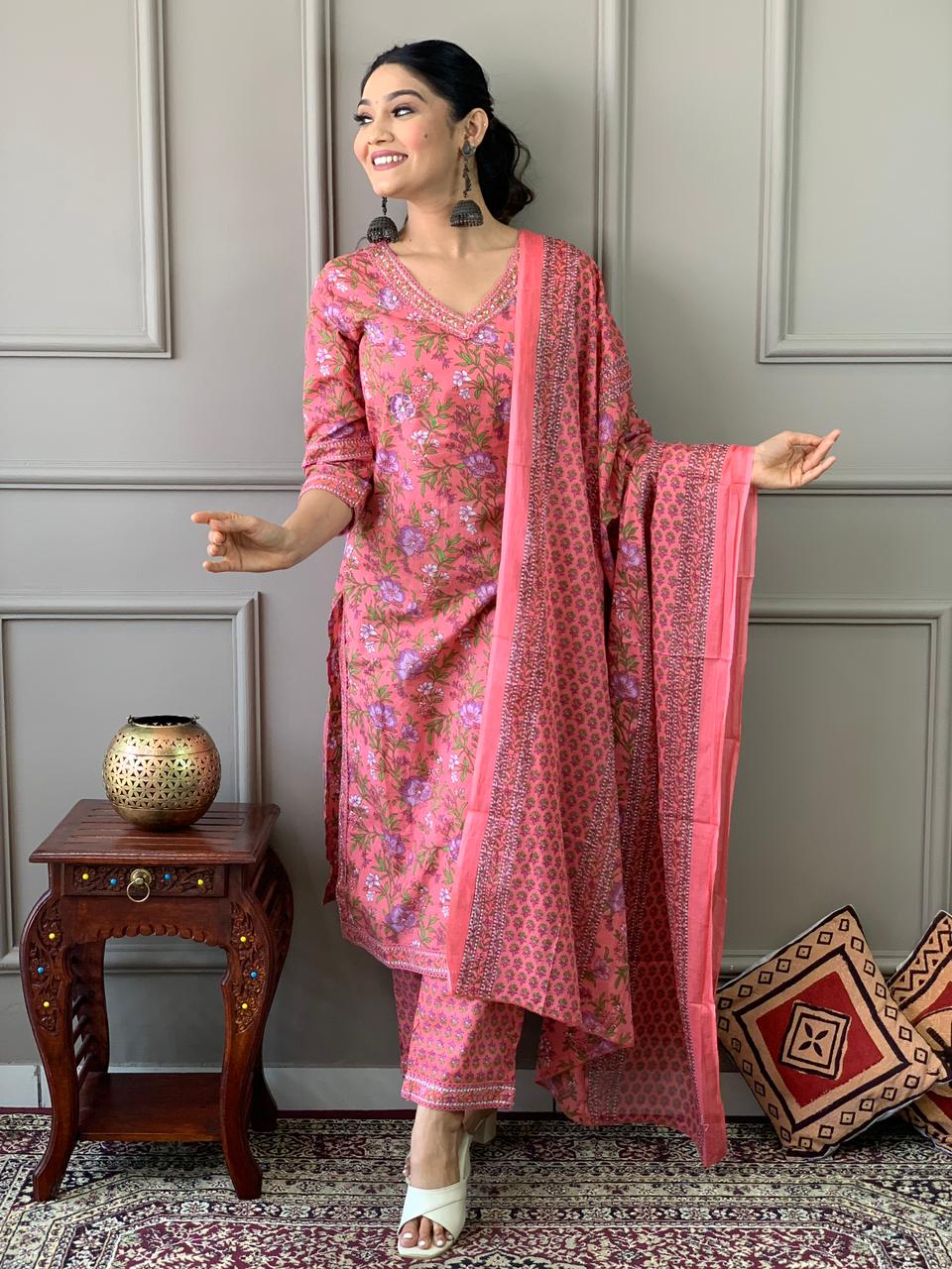 Rose Pink Printed Cotton Kurta and Pant Set