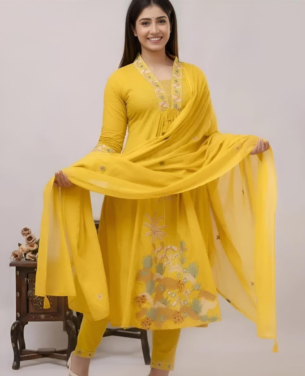 Yellow Embroidered Ram Boota Kurta and Pant Set with Dupatta