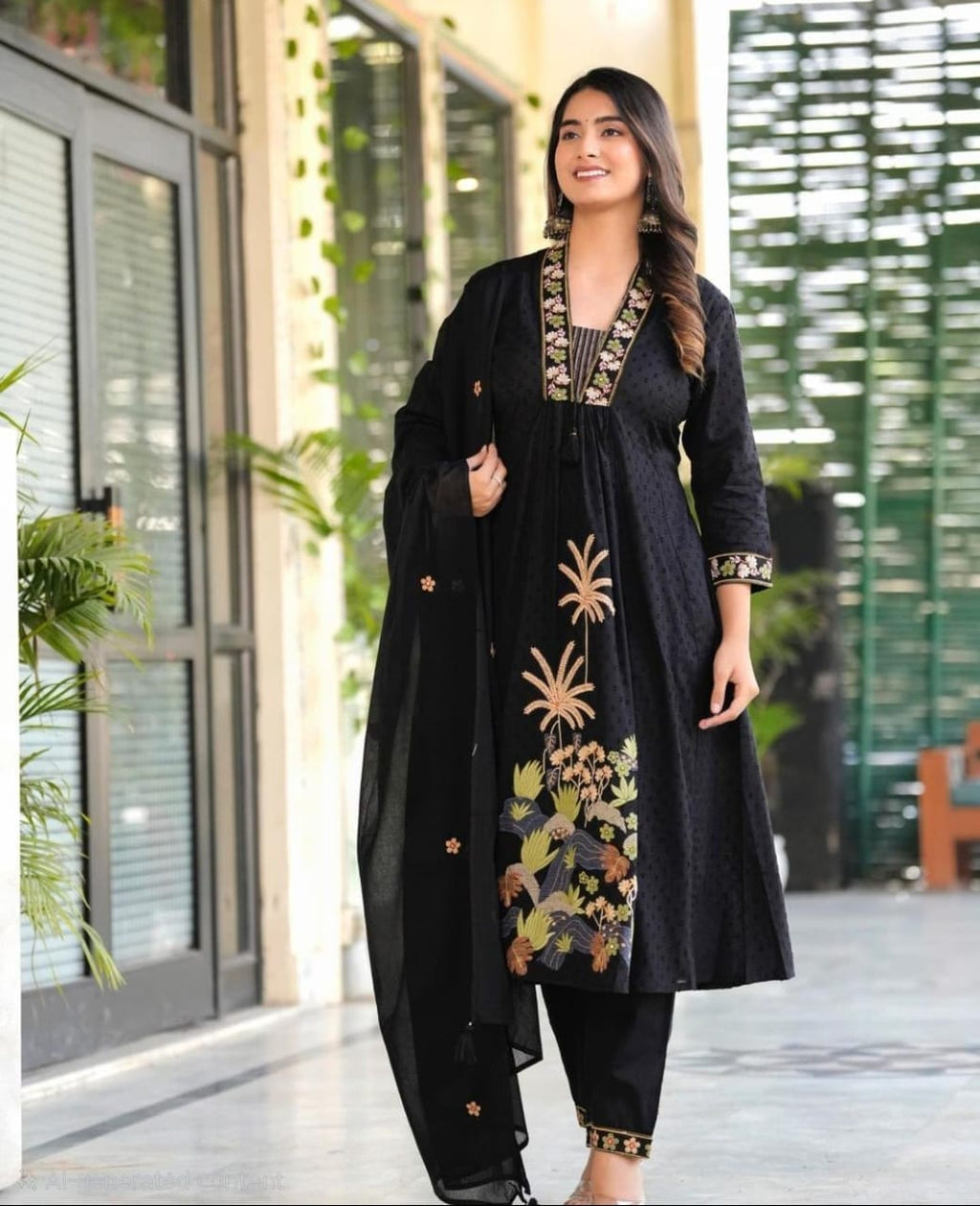 Black Embroidered Ram Boota Kurta and Pant Set with Dupatta
