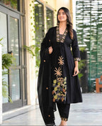 Black Embroidered Ram Boota Kurta and Pant Set with Dupatta