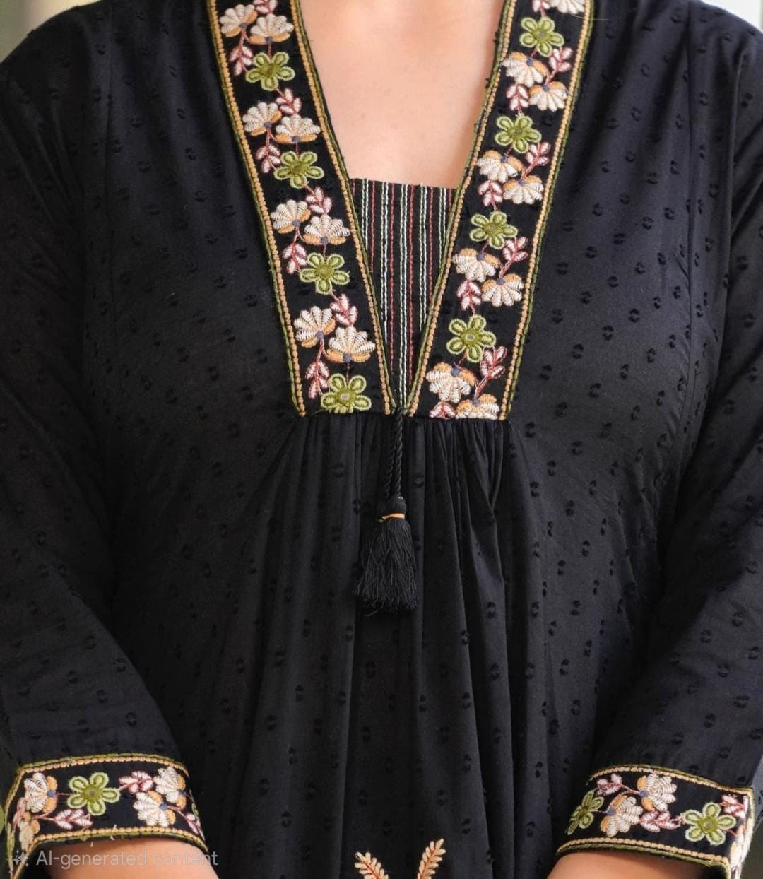 Black Embroidered Ram Boota Kurta and Pant Set with Dupatta