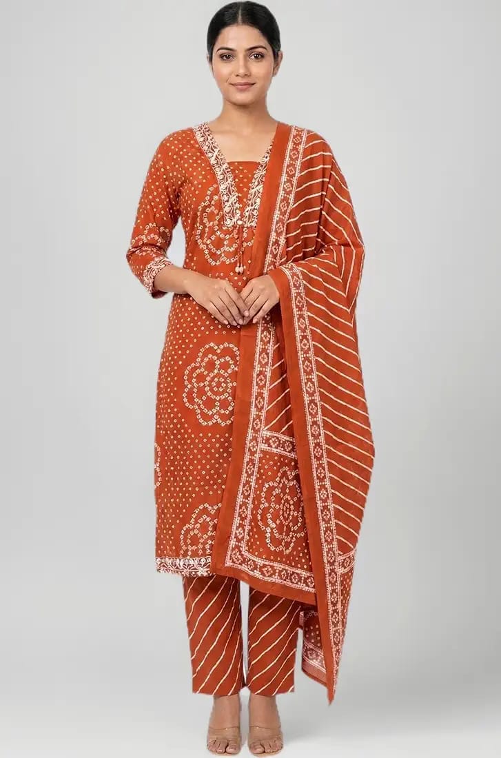 Rust Orange Printed Muslin Kurta and Pant Set with Dupatta