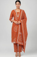 Rust Orange Printed Muslin Kurta and Pant Set with Dupatta