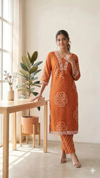Rust Orange Printed Muslin Kurta and Pant Set with Dupatta